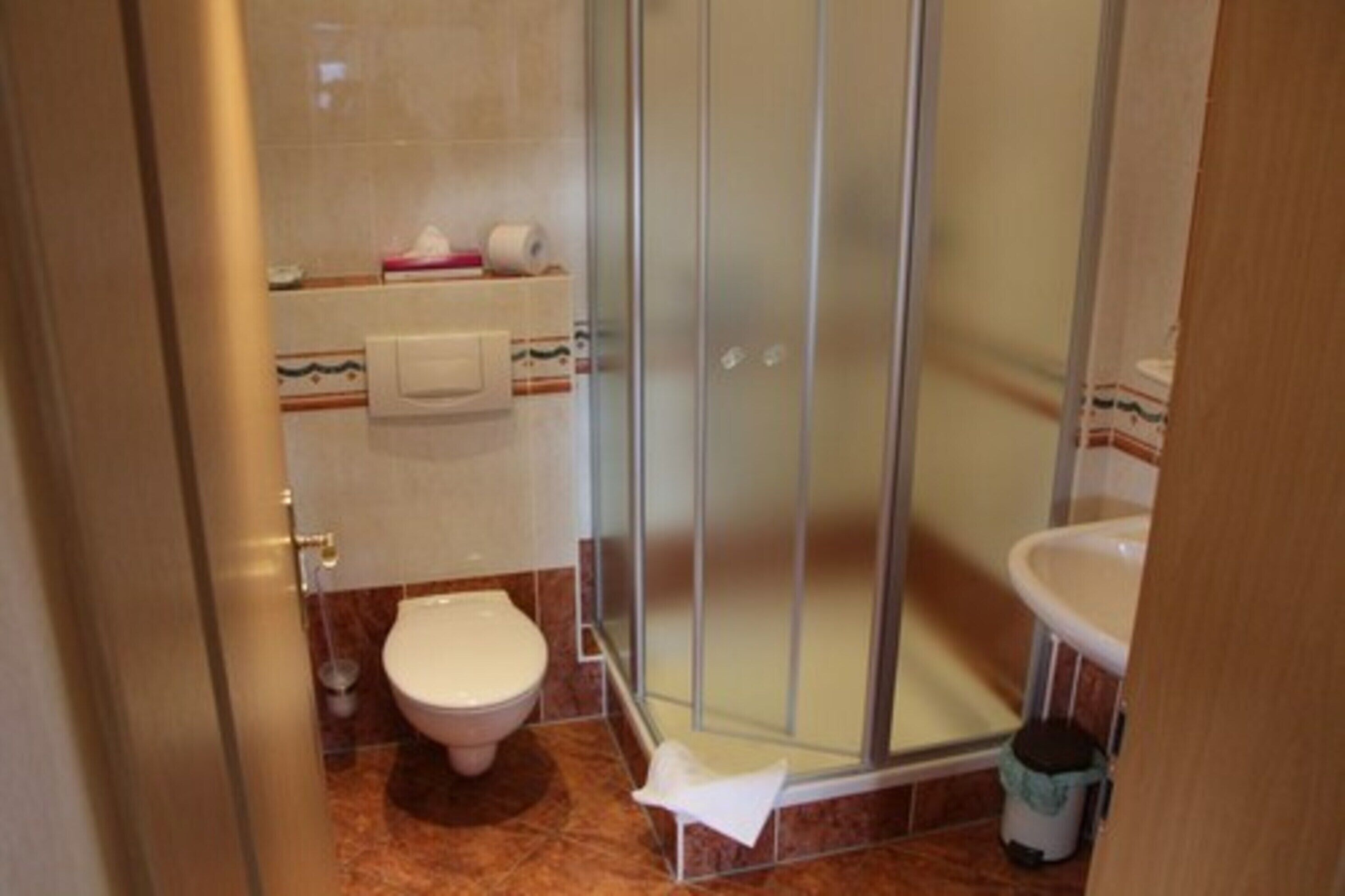 Ein Badezimmer mit Duschkabine, Toilette und Waschbecken.
