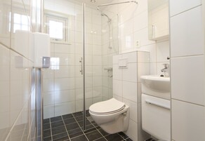 Un baño moderno con ducha envuelta en vidrio, inodoro blanco y lavamanos con espejo superior.