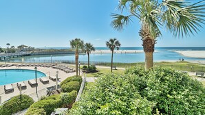 A pool area with lounge chairs and palm trees, overlooking a beach and ocean. -  Label Day Weekend Now Available 1st Floor-XXL Oceanfront Balcony OC Tower South (Myrtle Beach)