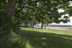 A park with a swing set, a grassy area, and a lake in the background. - Gut Grubnow Rügen (Neuenkirchen)