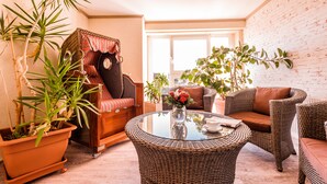 A cozy room with wicker furniture, a large potted plant, and a brick wall. - Hotel An Der Linah (Buxtehude)