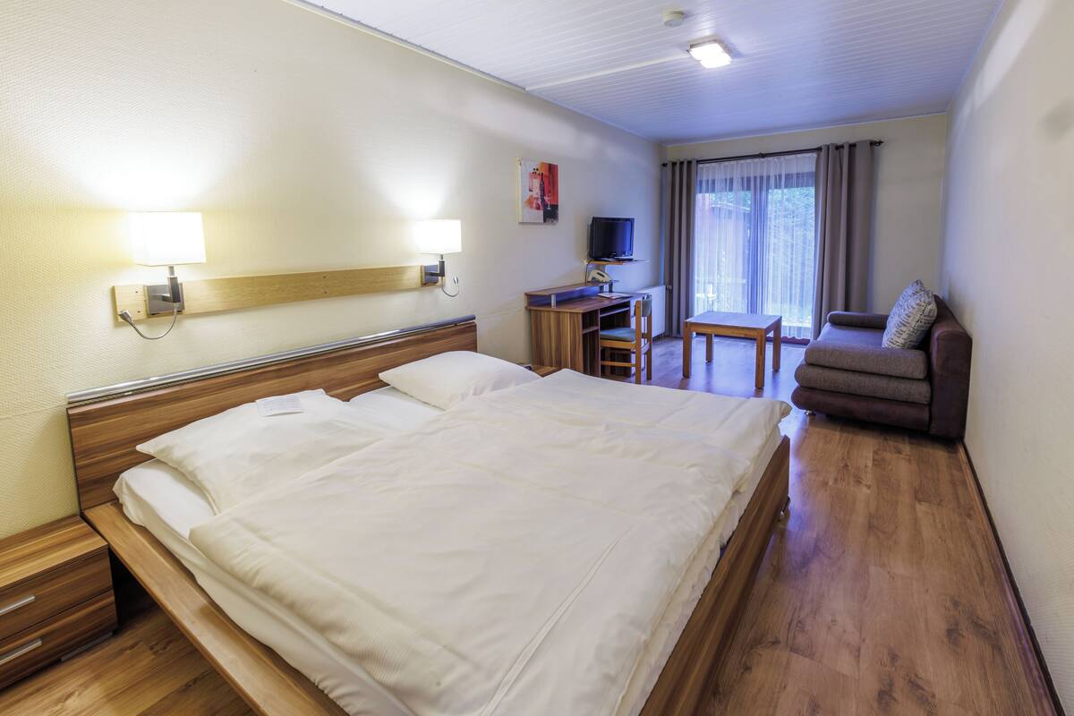 A hotel room with a large bed, a desk with a chair, a television, and a sofa.