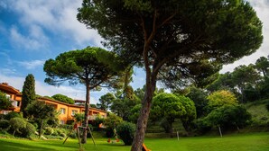 A lush green lawn with a large tree and a swing set. - Albamar Apartaments (Lloret de Mar)