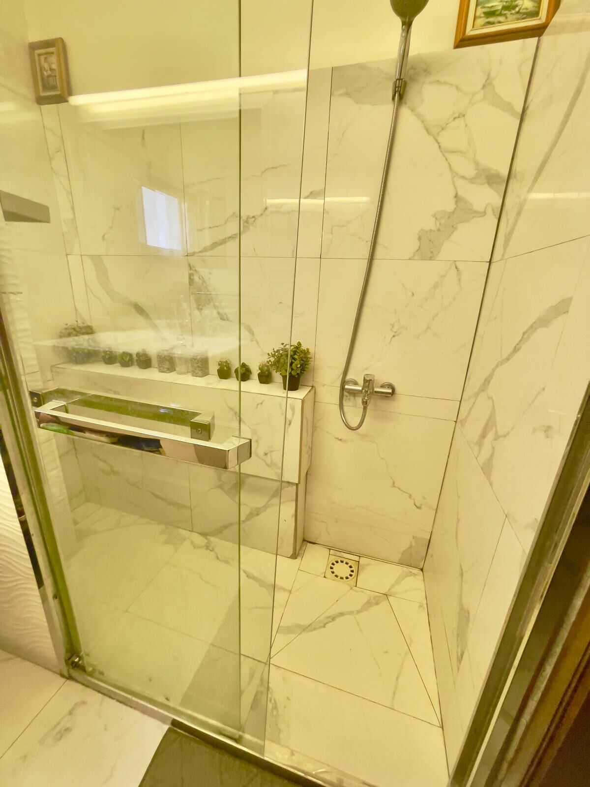 Une douche fermée par des parois en verre, dotée d’un pommeau de douche à main, d’une petite étagère avec des plantes et d’un mur recouvert de carreaux de marbre.