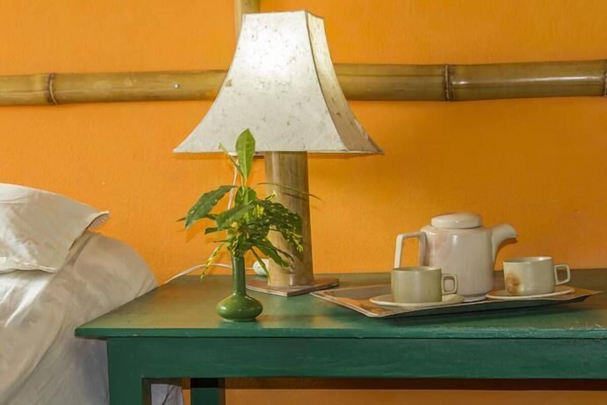A neatly arranged table with a lamp, a plant, and a tea set on a green table against an orange wall.