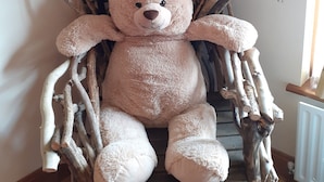 A plush teddy bear seated on a rustic wooden chair adorned with branches, positioned in a room with posters of Game of Thrones characters on the wall. - Carnately Lodge Ballycastle (Ballycastle)
