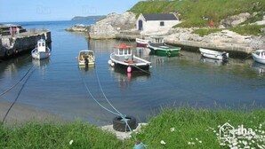 A harbor with boats docked, a small building, and a grassy hill. - Carnately Lodge Ballycastle (Ballycastle)