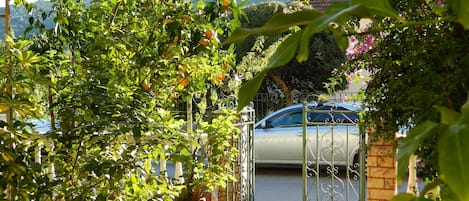 A gated entrance with a car parked inside, surrounded by lush greenery and flowering plants.