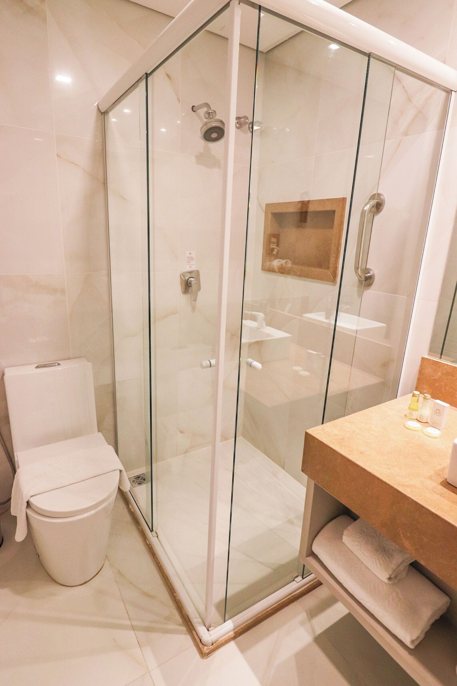 A modern bathroom with a glass-enclosed shower, a toilet, and a vanity with a mirror.