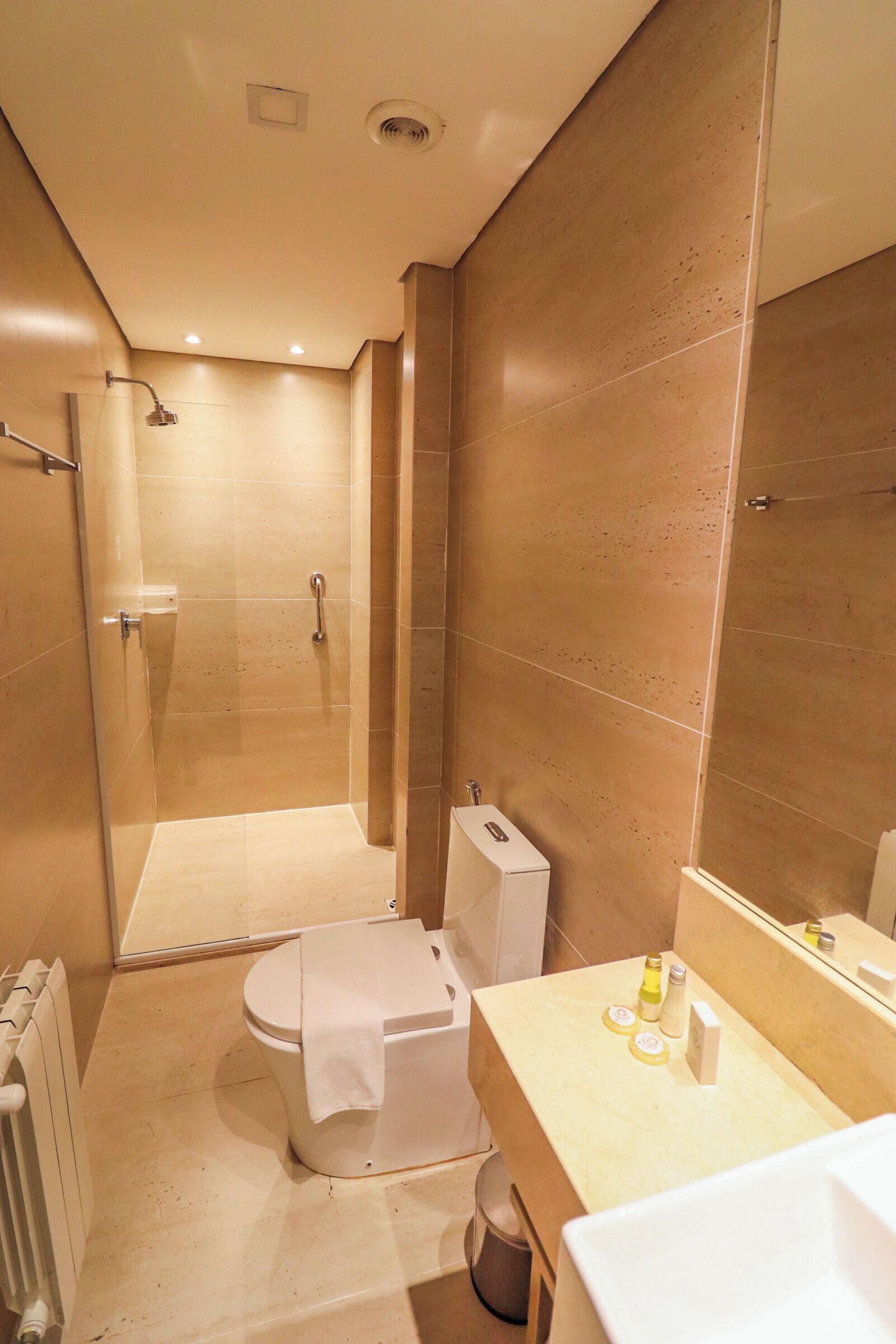 A modern bathroom with a shower, toilet, and sink.
