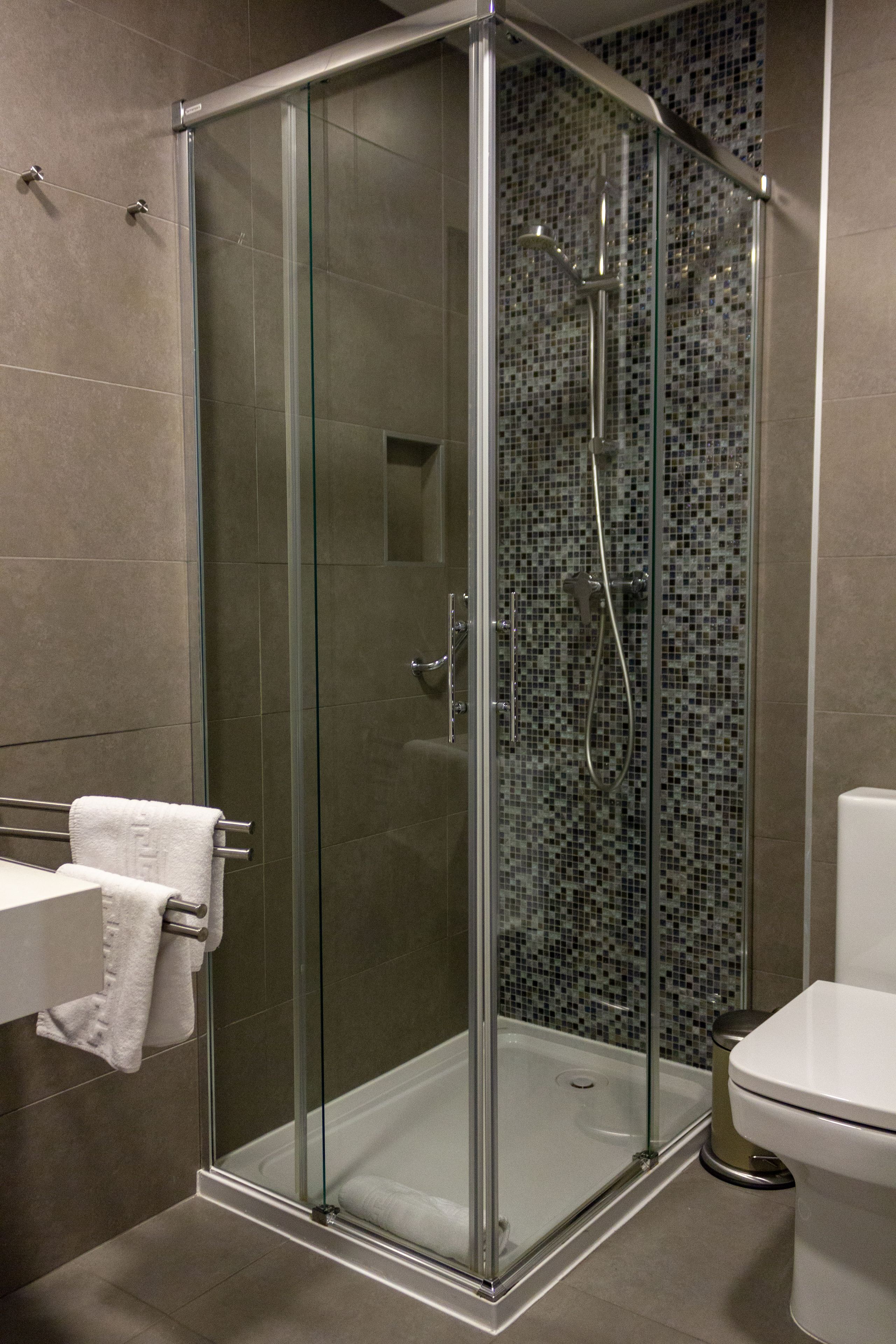 A modern bathroom with a glass-enclosed shower, a white toilet, and a tiled wall.