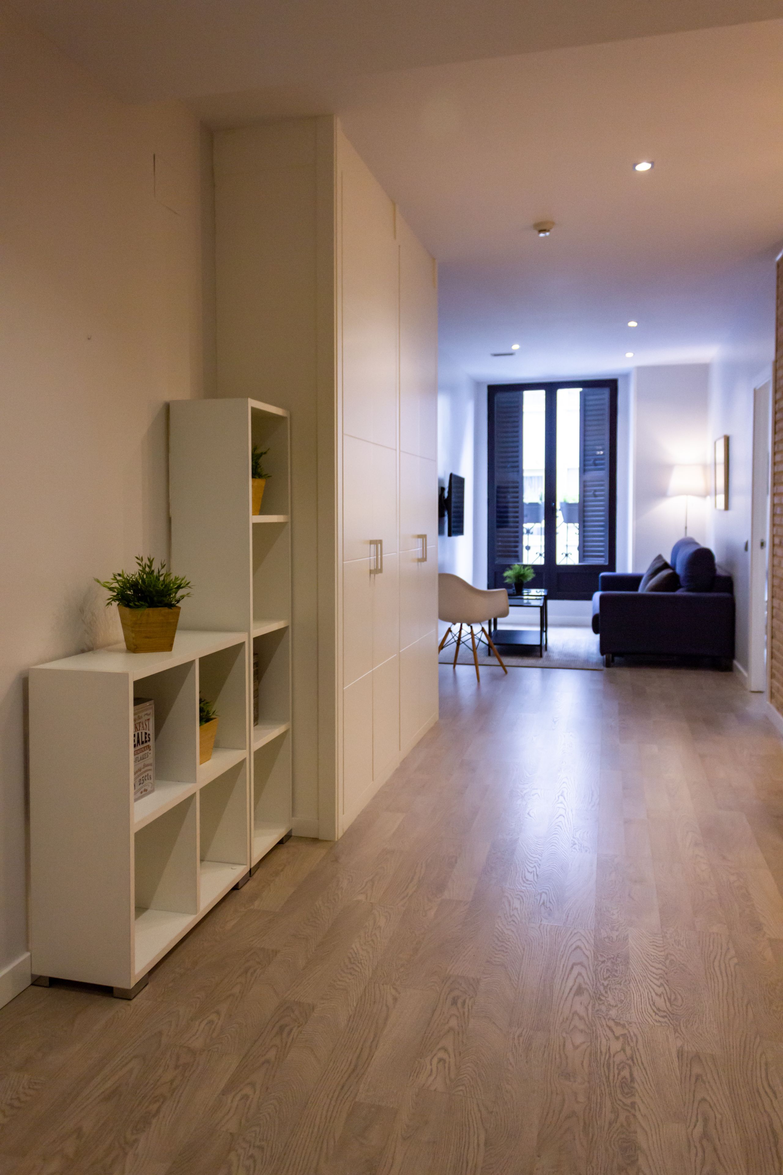 A modern living room with a sofa, a coffee table, and a bookshelf.