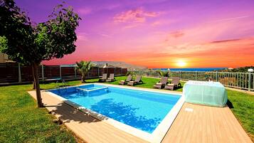 Outdoor pool, pool umbrellas, pool loungers