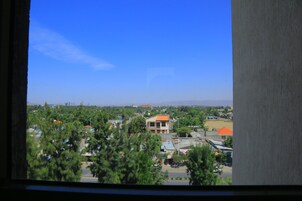 Vista desde una ventana sobre un área residencial con edificios y árboles.