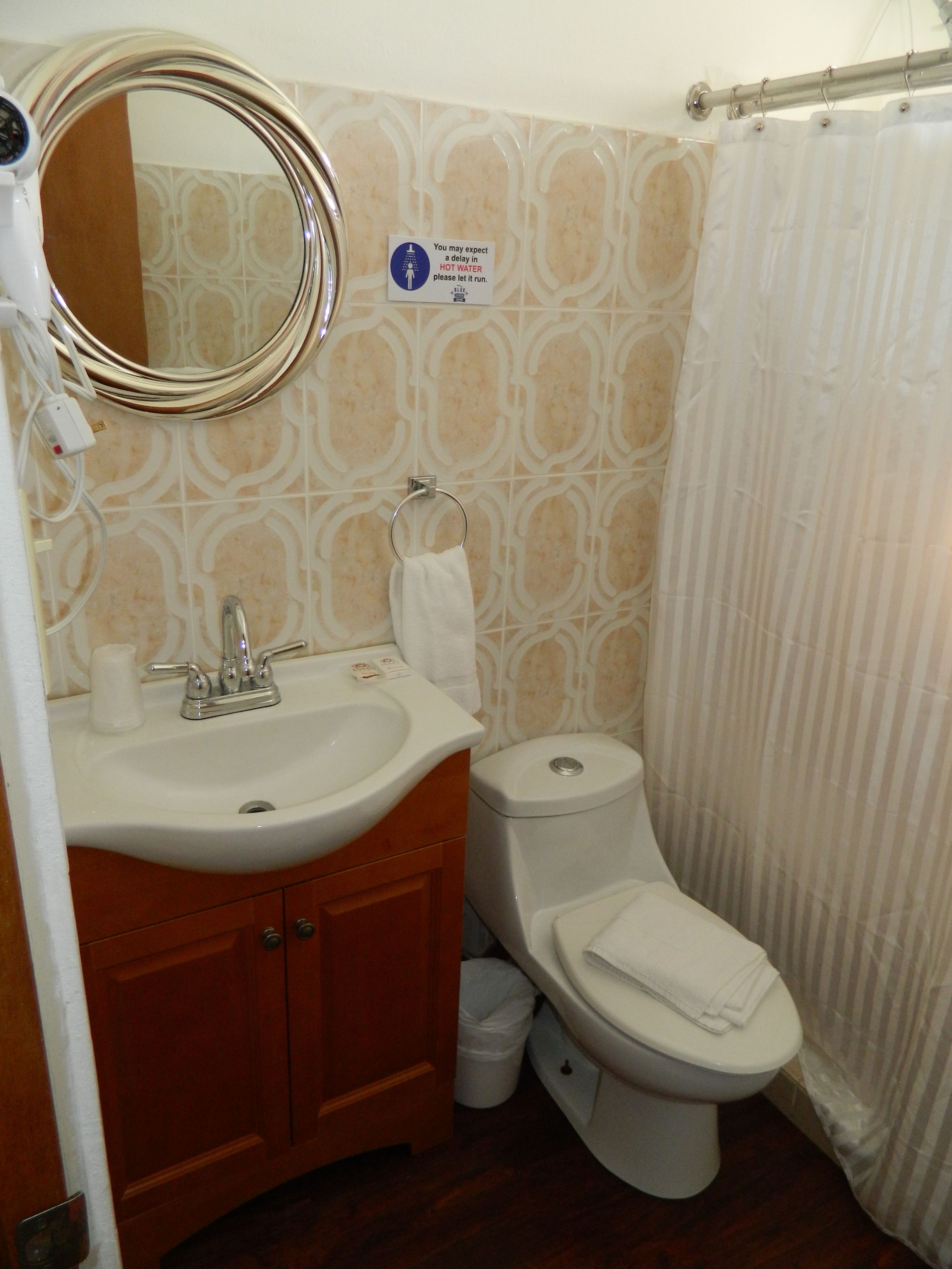 Un bagno con lavandino, specchio, WC e tenda da doccia.
