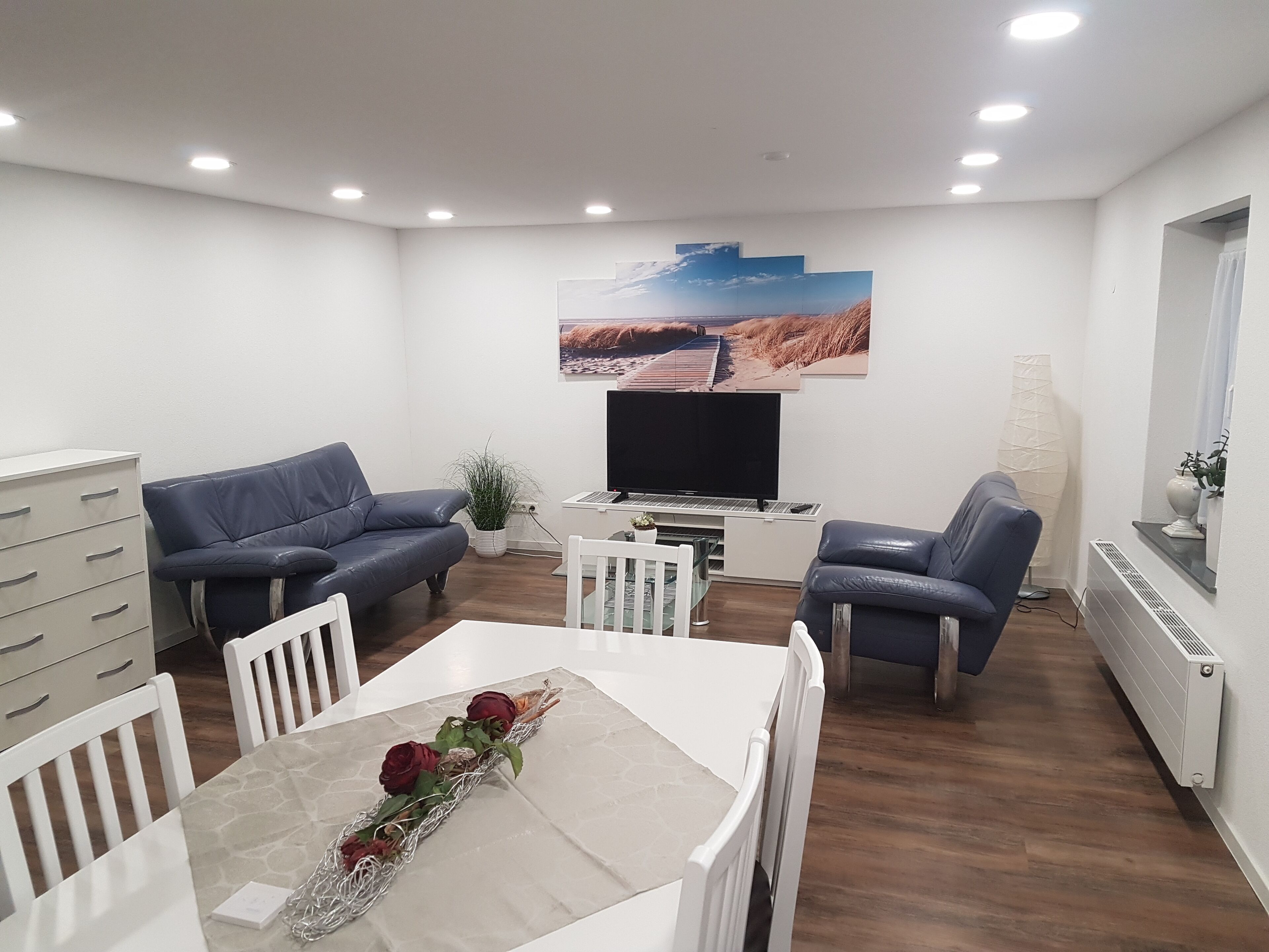 Un salon moderne avec un téléviseur à écran plat, deux canapés, une table à manger avec des chaises et une plante en pot.