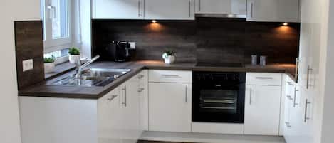 Full-sized fridge, microwave, oven, stovetop