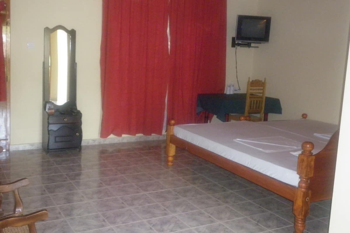 A bedroom with a bed, a chair, a table, a television, and a mirror.