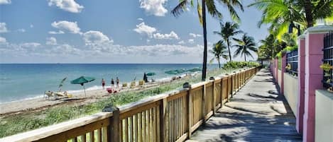 On the beach, sun-loungers, beach towels