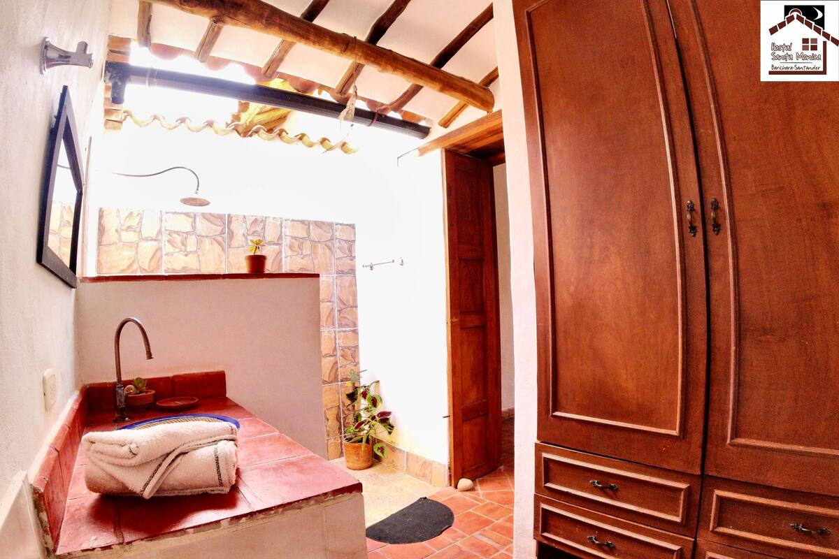 A bathroom with a sink, a towel, a potted plant, and a wooden wardrobe.
