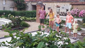 A courtyard with a stone building, a garden with various plants, and a small pond. - Chateau Le Colombier - Chambres d'hôtes (Carentan les Marais)