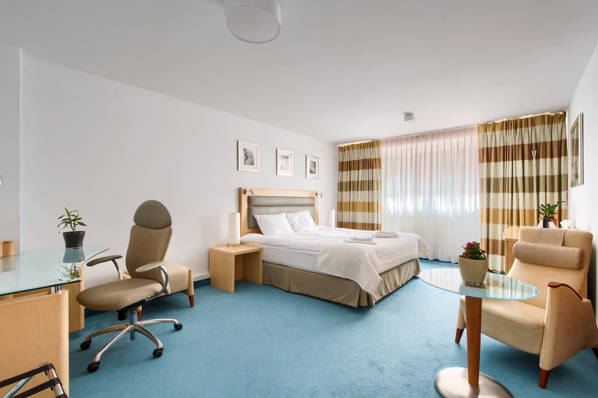 Een hotelkamer met een bed, twee stoelen, een bureau en een klein tafeltje.