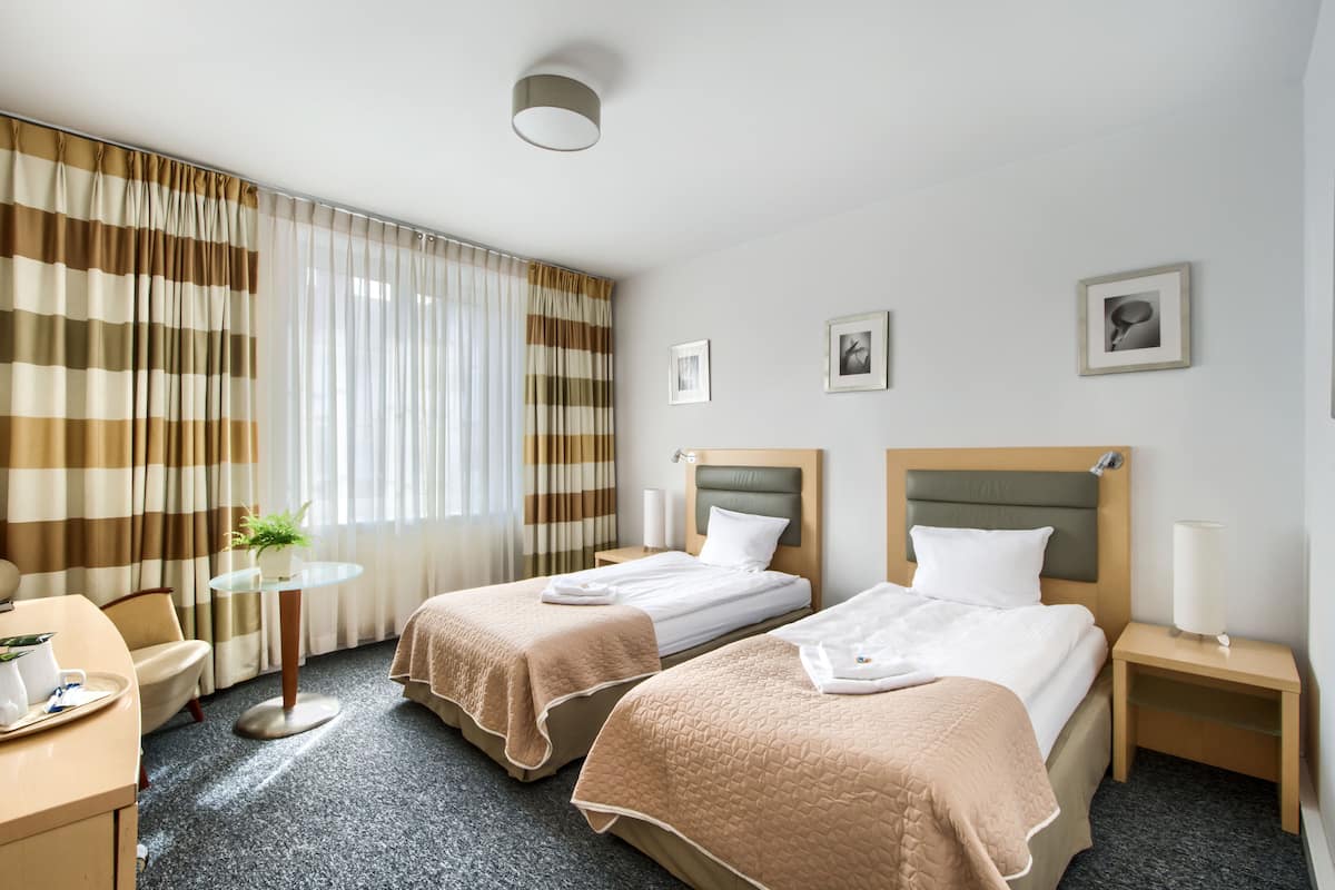 Een hotelkamer met twee bedden, een kleine tafel met een plant, een bureau met een stoel en een raam met gordijnen.