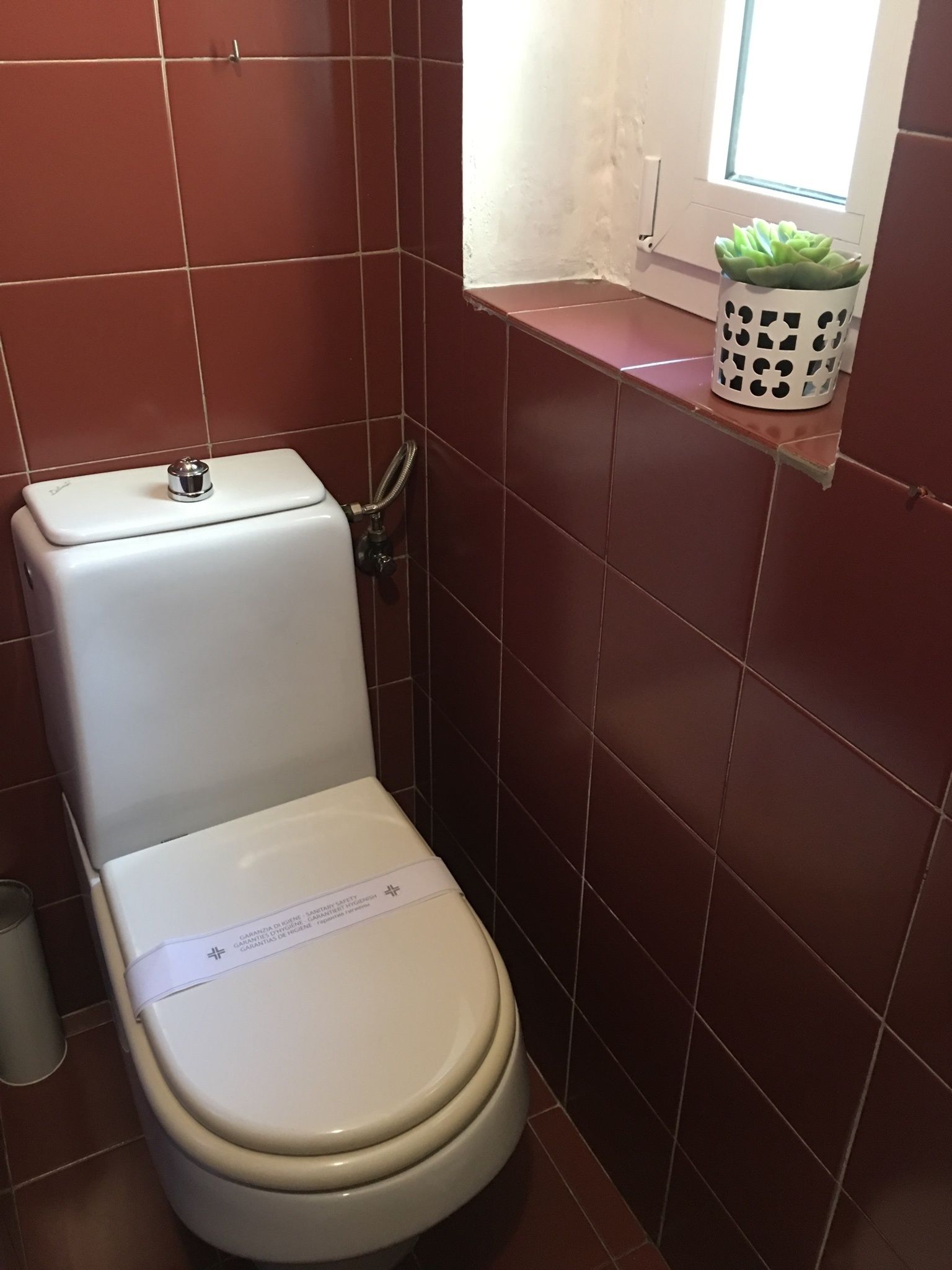A small, compact bathroom with a toilet, a hand dryer, and a window with a potted plant.
