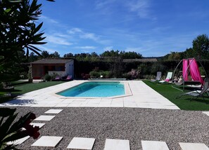 Seasonal outdoor pool, open 8:30 AM to 8:30 PM, pool umbrellas