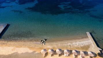 Eine Vogelperspektive zeigt einen Strand mit klarem türkisblauem Wasser, einem Sandufer und mehreren Sonnenschirmen, die Schutz spenden.