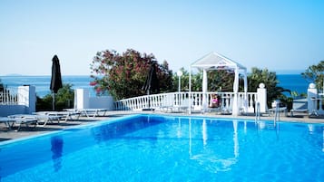 Seasonal outdoor pool, pool umbrellas, pool loungers