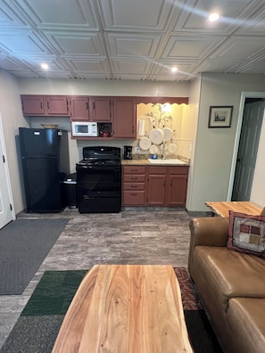 Cozy living space with a kitchenette, dining table, and comfortable sofa.
