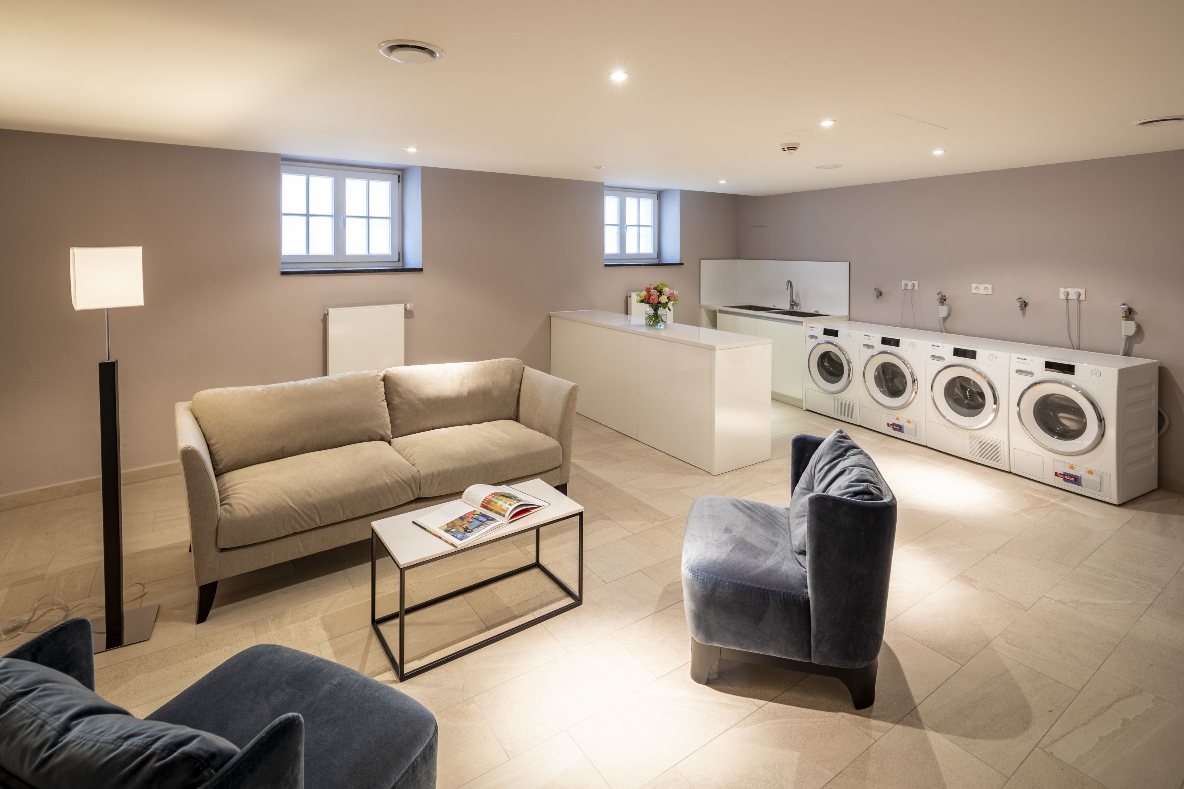Ein modernes Wohnzimmer mit Sofa, Sessel und Couchtisch. Im Hintergrund ist eine Waschküche mit Waschmaschinen erkennbar.