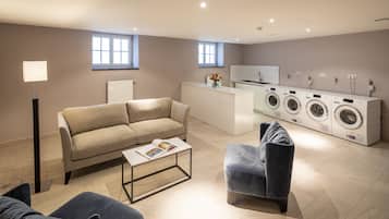 Ein modernes Wohnzimmer mit Sofa, Sessel und Couchtisch. Im Hintergrund ist eine Waschküche mit Waschmaschinen erkennbar.
