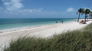 Une plage à l’eau turquoise et limpide, au sable blanc et bordée de palmiers.