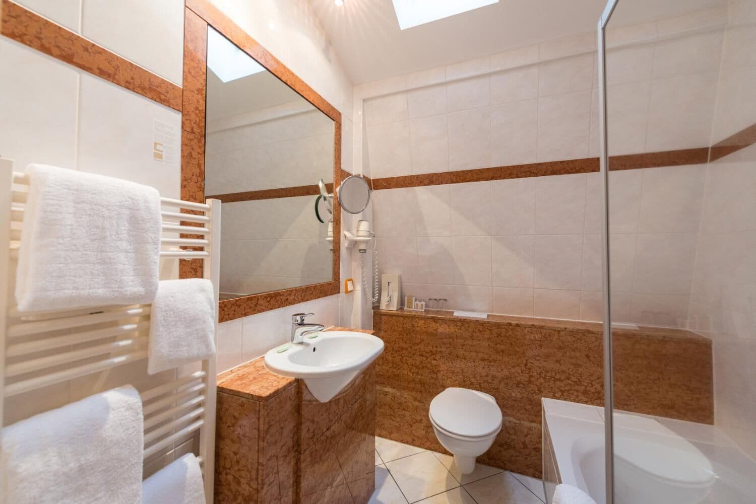 standard double room | bathroom | shower, hair dryer, bathrobes, slippers