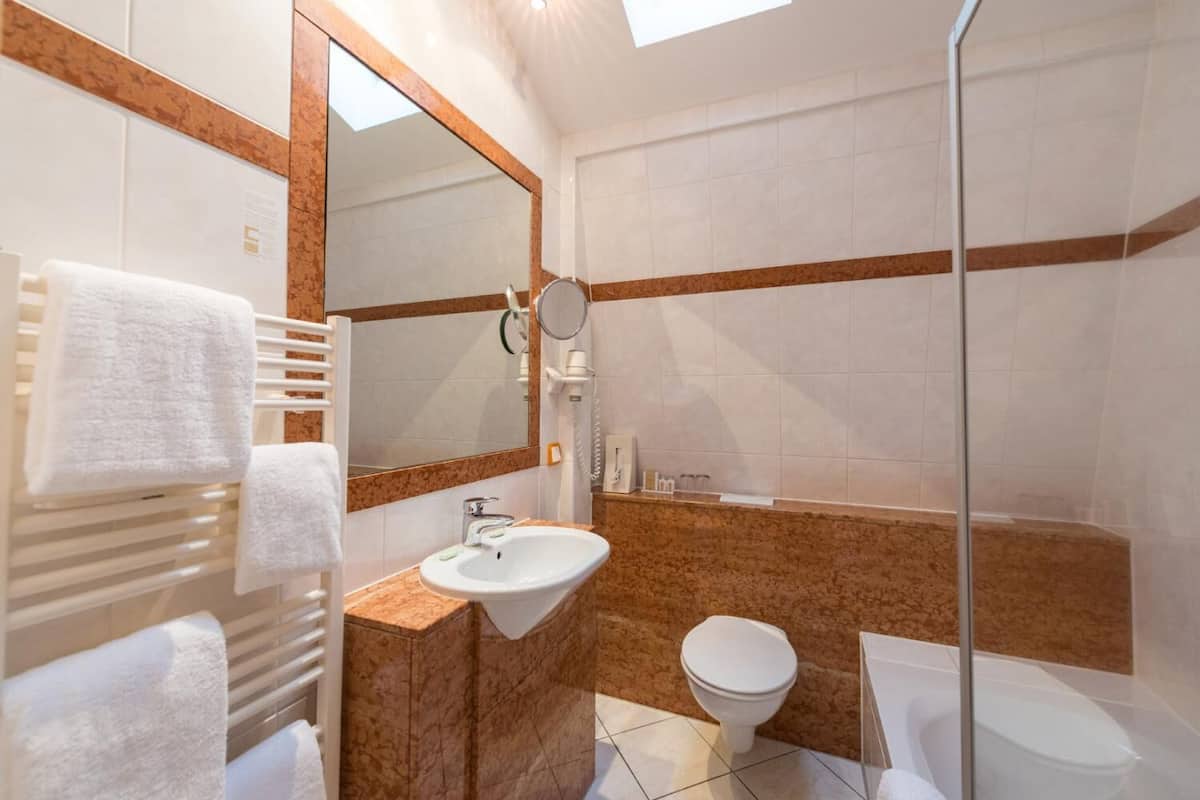 standard double room | bathroom | shower, hair dryer, bathrobes, slippers