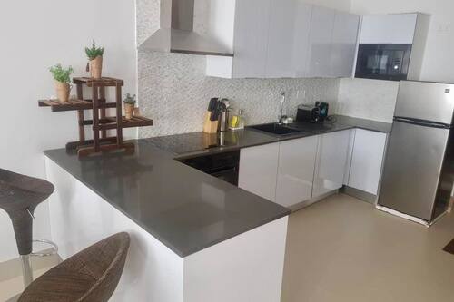 Family Apartment, 3 Bedrooms, Kitchen, Pool View | Private kitchen | Full-sized fridge, microwave, oven, stovetop