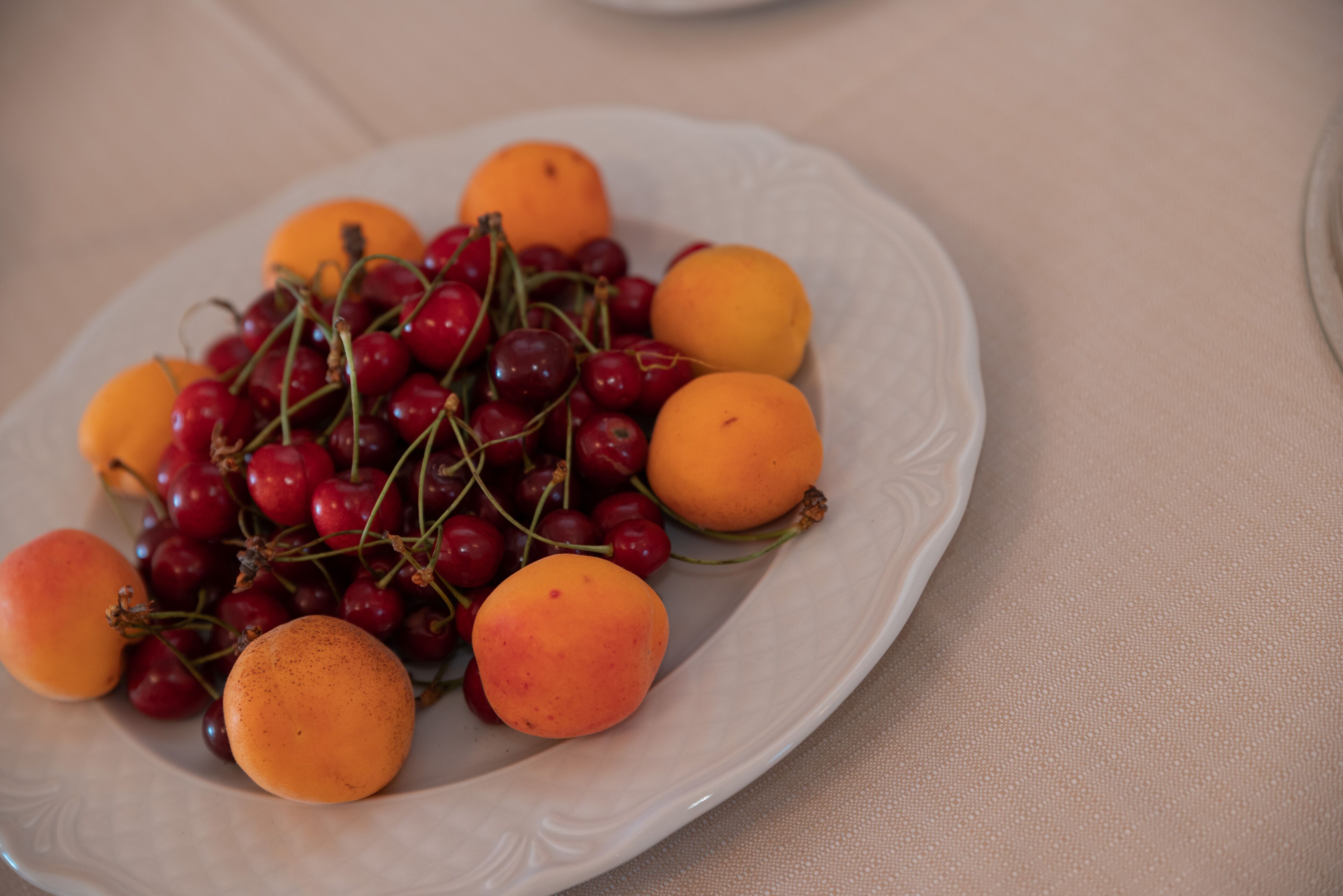 A white plate with a variety of fruits including cherries and apricots.