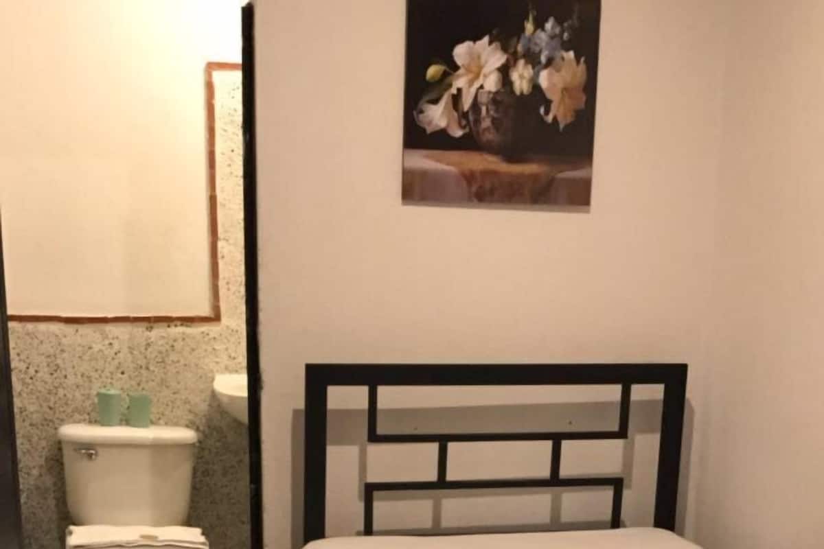 A small, clean room with a bed, a toilet, and a painting on the wall.