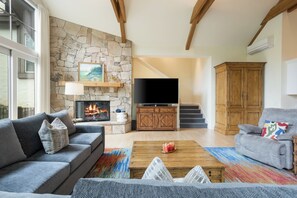 Televisión, chimenea, reproductor de DVD, estéreo