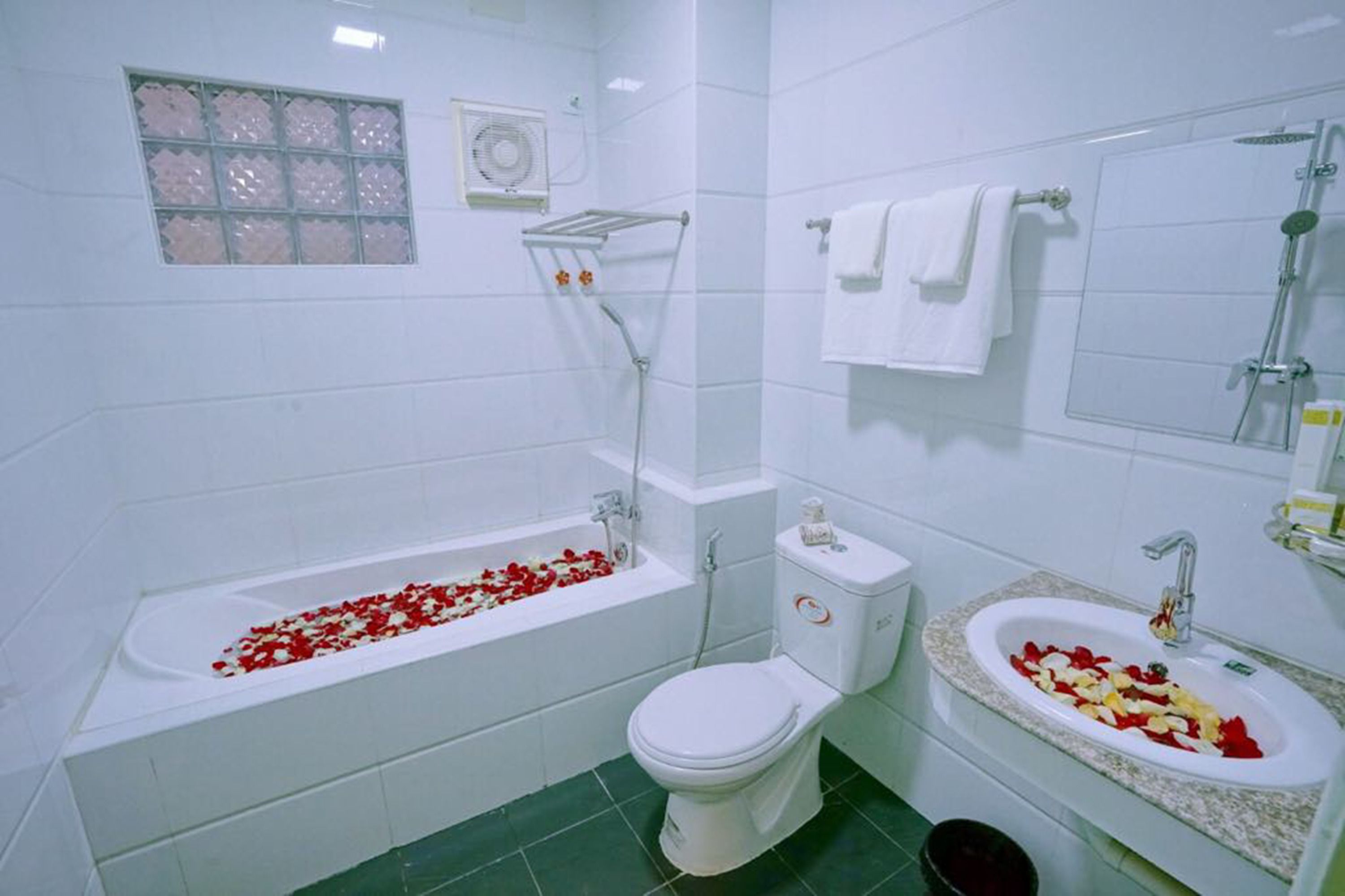 free toiletries, hair dryer, slippers, towels