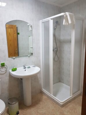 A bathroom with a white pedestal sink, a mirror, a shower enclosure, and a toilet.