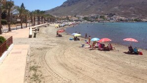 A beach with people sunbathing and walking along the shore, palm trees, and a mountain in the background. - Miramar Habitaciones (Aguilas)