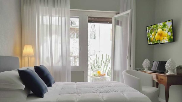 Une chambre d’hôtel avec un lit, un bureau équipé d’un ordinateur, une télévision et une vue sur un cactus à l’extérieur.