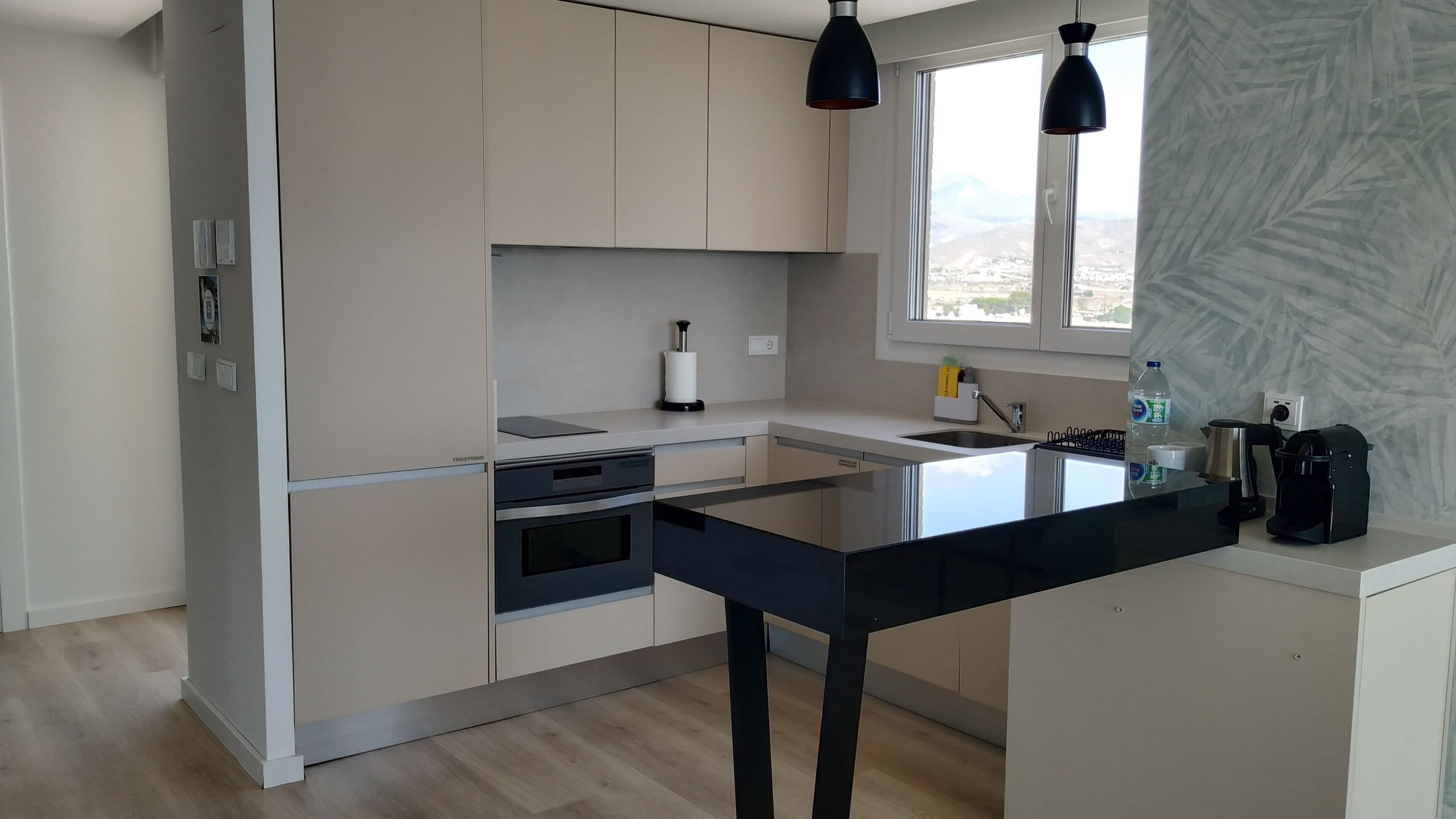 Eine moderne Küche mit Kochinsel, integrierten Geräten und Blick ins Freie.