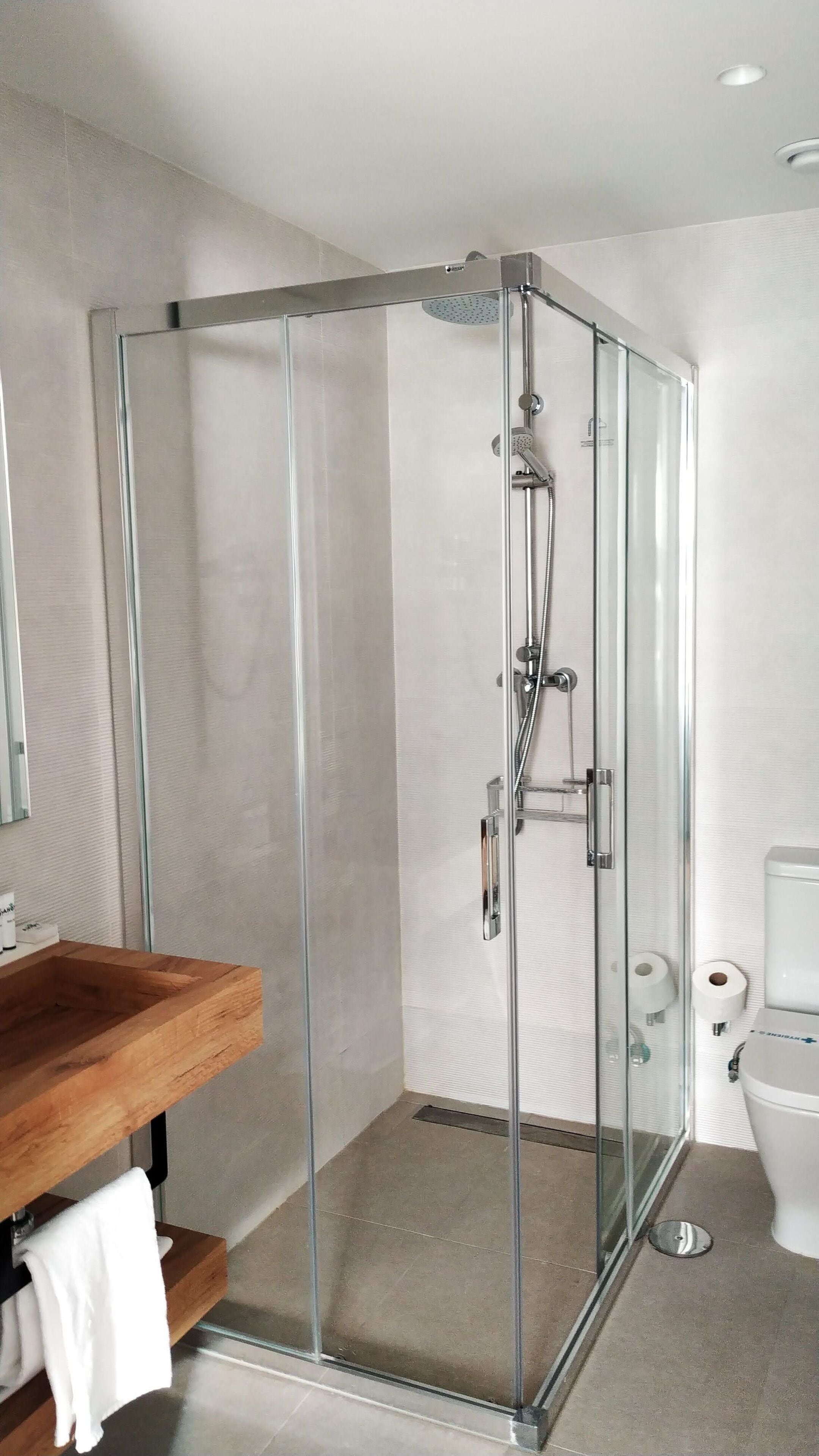 Une salle de bain moderne avec une douche à parois de verre, un meuble-lavabo en bois et des toilettes.