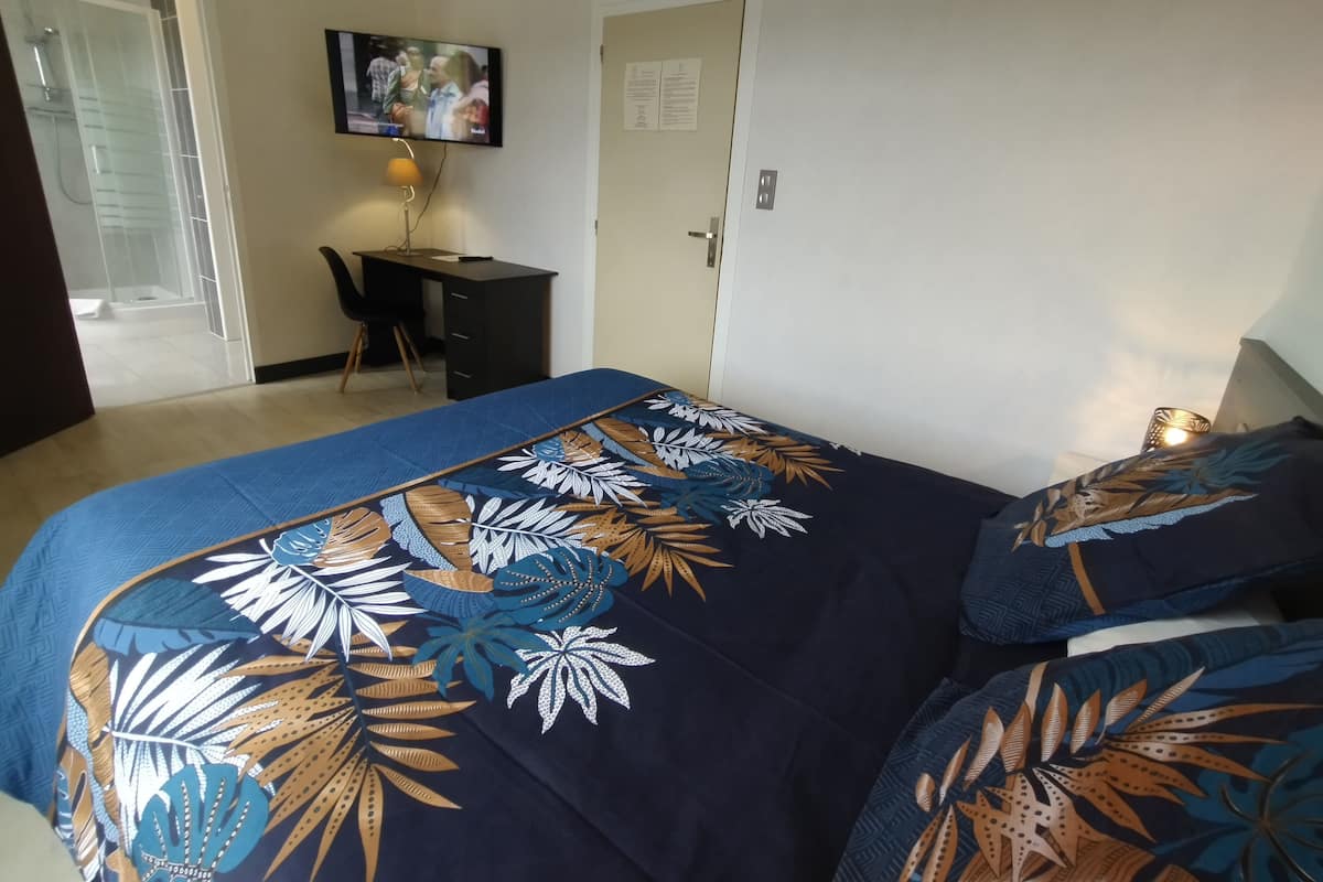 Une chambre à coucher avec un lit, un bureau et un téléviseur.