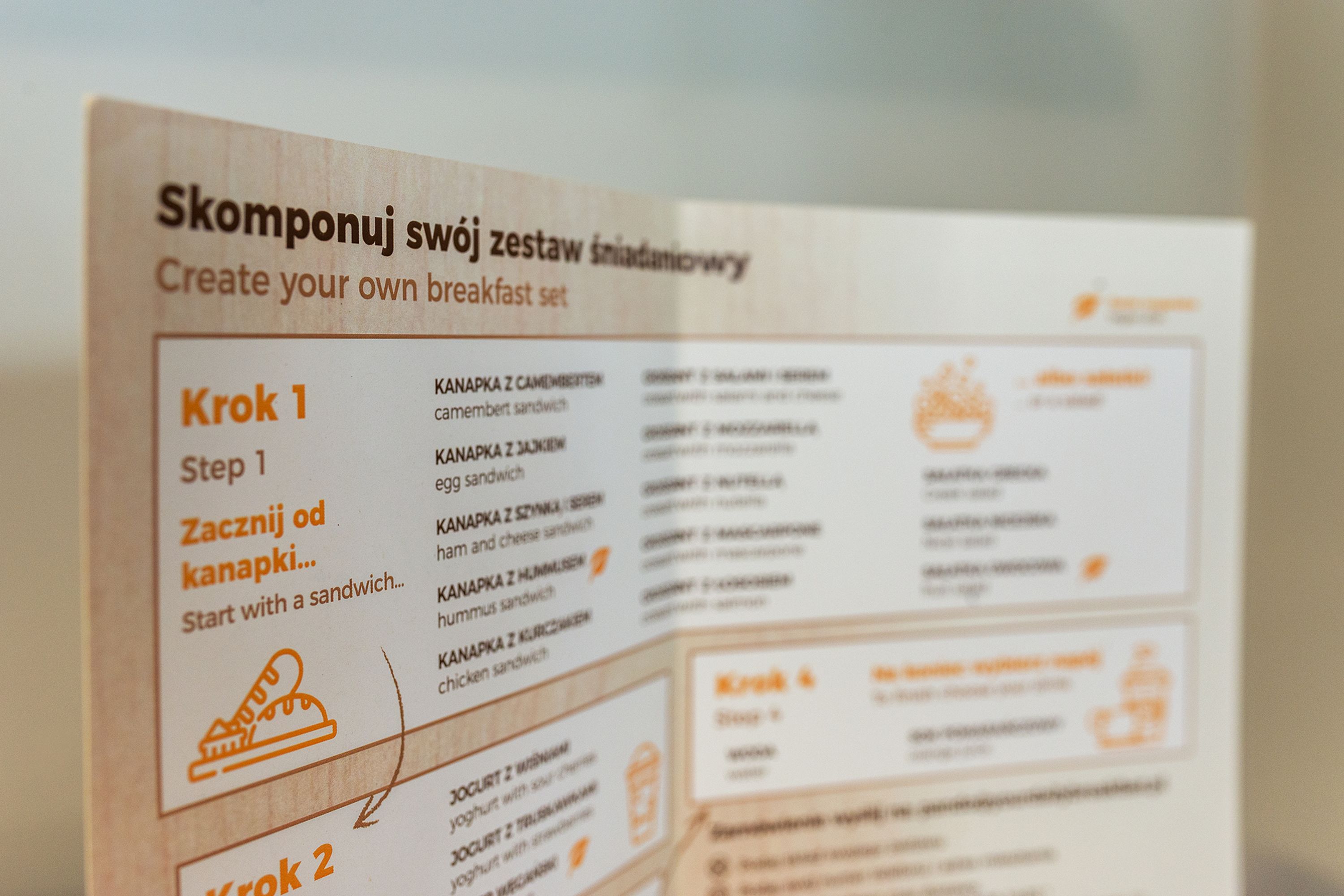 A menu with breakfast options and steps for creating a breakfast set.