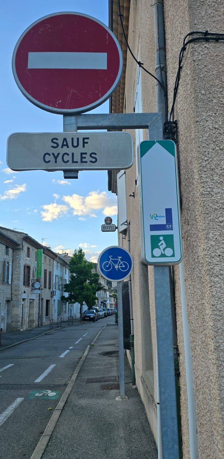 A street sign indicating no entry for vehicles and a sign for a hotel.